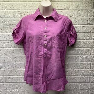 RIDERS BY LEE S Fuchsia Pink Roll Tab Sleeve 1/4-Button Pocket Collar Shirt •VG‼